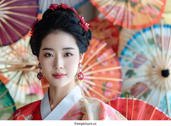 Portrait of a young woman in traditional Korean dress, or Hanbok, with red and pink hair accessories and make up
