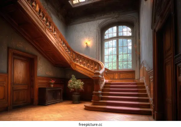 Grandiose Wooden Spiral Staircase in an Old Mansion
