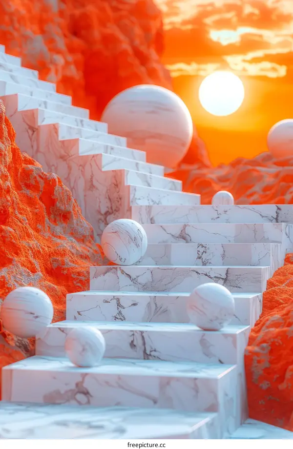 White marble stairs leading to the sky with a vibrant sunset backdrop