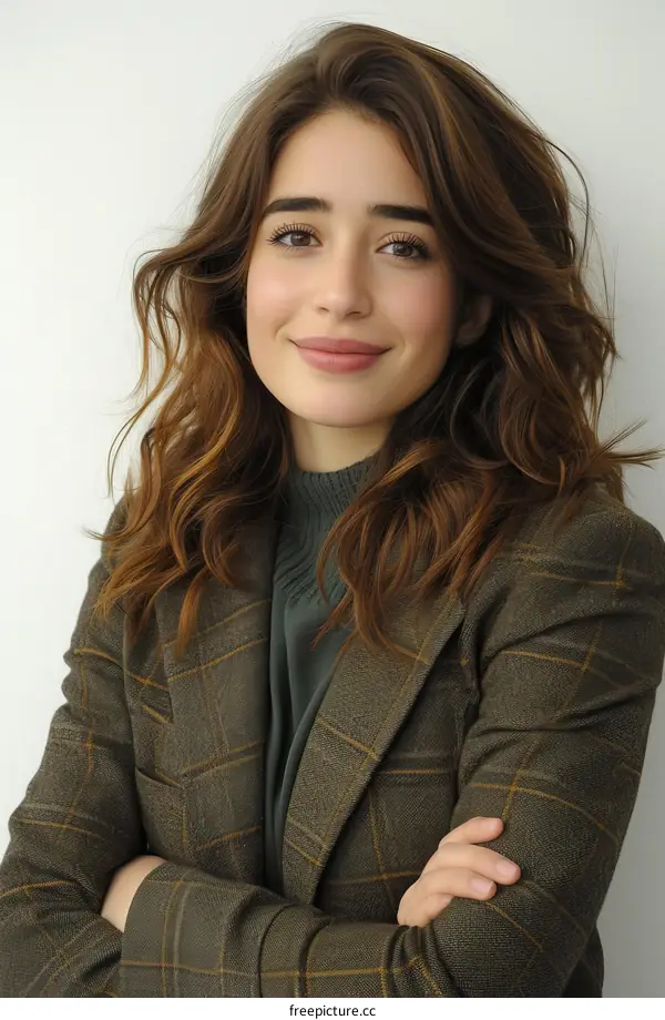 Portrait of a young woman with long brown hair wearing a green suit