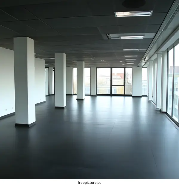 Empty Office Space With Large Windows And Black Floor