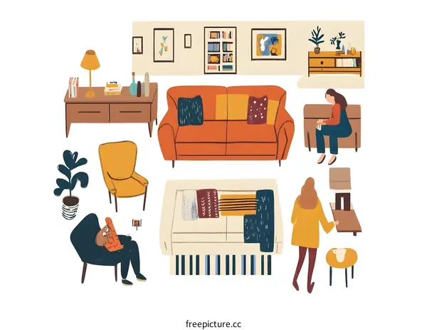 Living Room Illustration with People Sitting and Standing