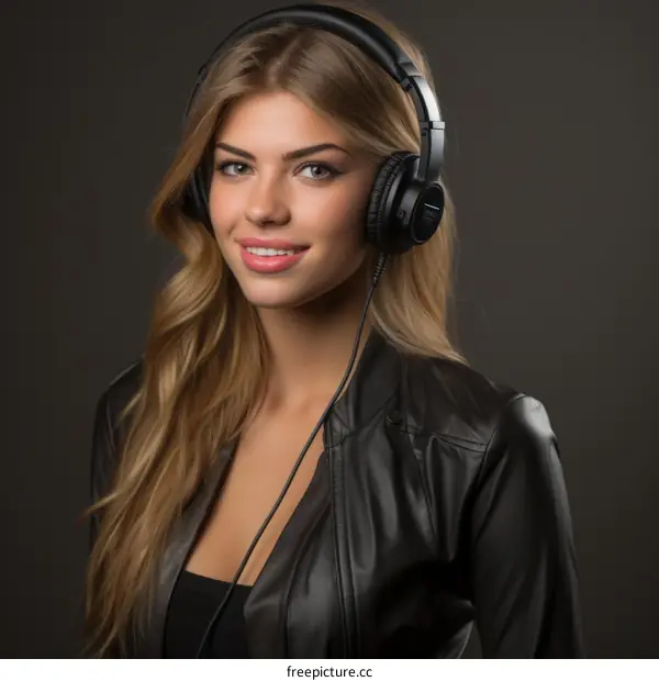Portrait of a young blonde woman smiling wearing headphones