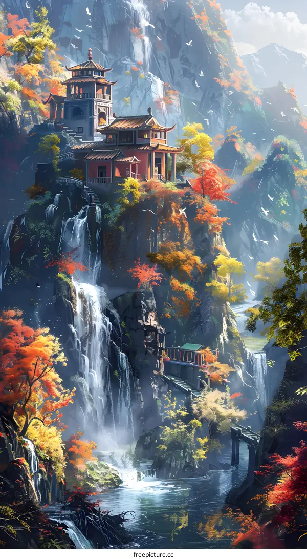 Tranquil Mountain Temple Amidst Autumn Splendor