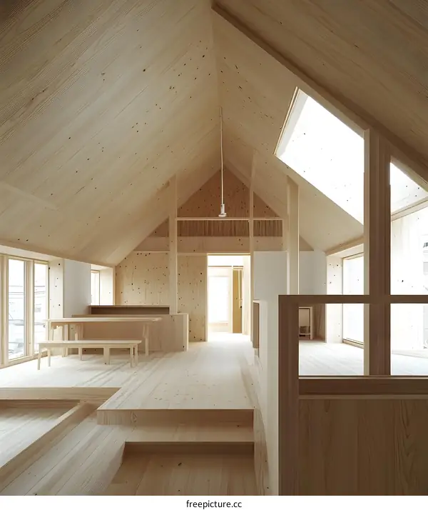 Modern Wooden House Interior with Sloped Ceiling and Skylight