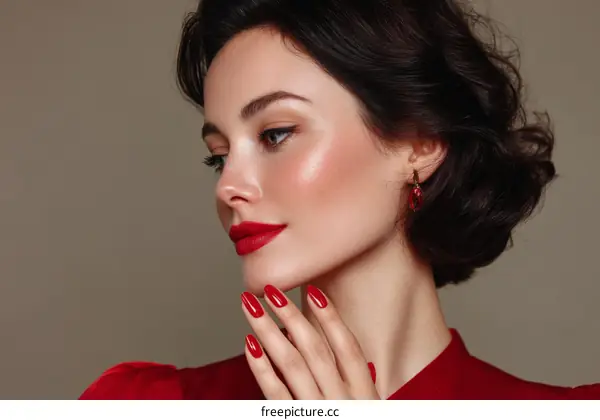 Elegant Woman with Red Lipstick and Nails