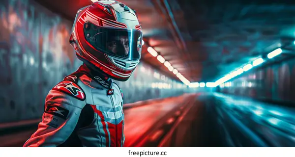 Motorcycle Rider in Tunnel with Neon Lights