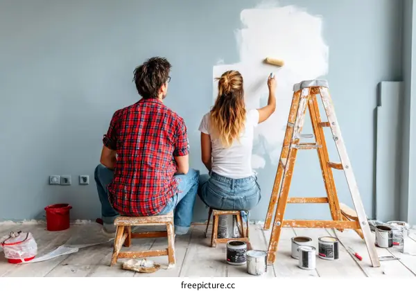 Couple Painting a Light Grey Wall