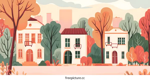 Autumn Landscape with Houses and Trees Illustration