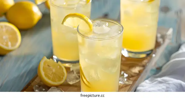 Refreshing Summer Lemonade Drink With Lemon Slices And Ice Cubes