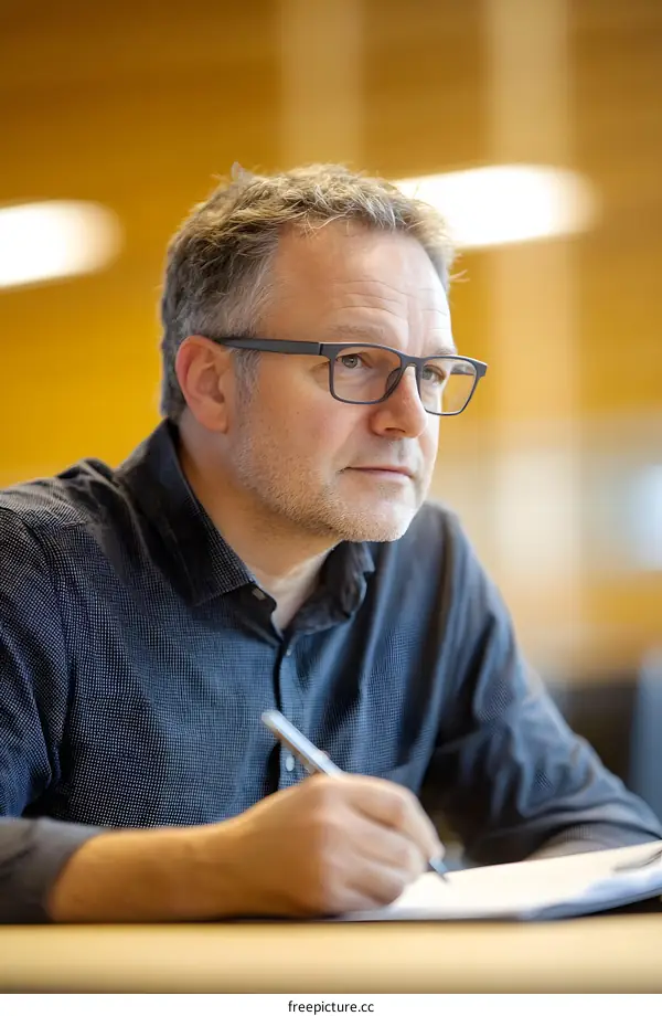 Caucasian man in glasses, taking notes in a meeting