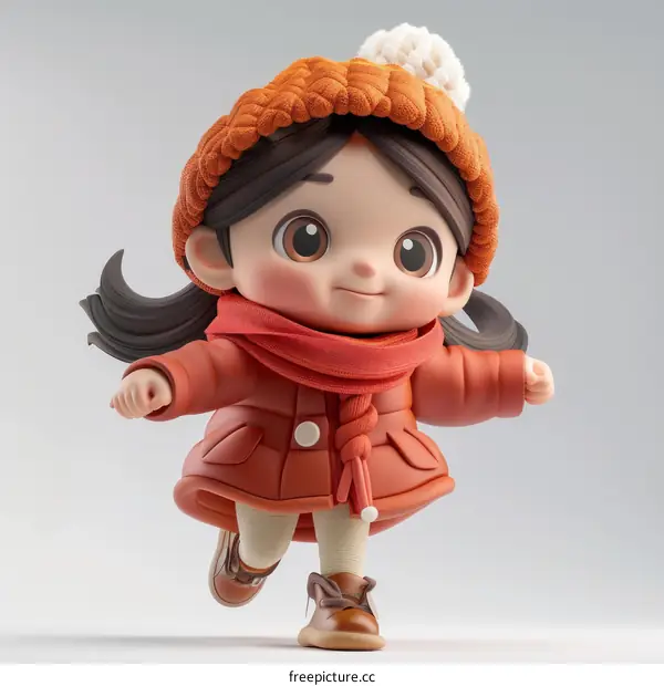 Cute 3D Cartoon Character of a Little Girl Wearing a Winter Outfit