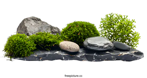 [Transparent Background PNG]Green Moss and Stones on Black Slate