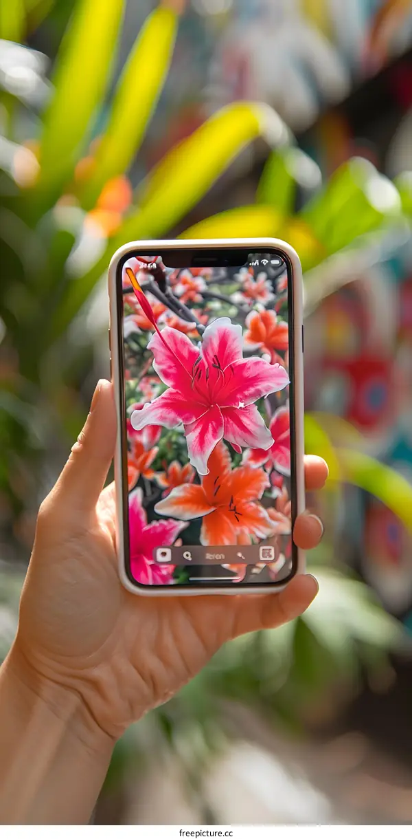 Hand Holding Phone with a Beautiful Close Up of Pink Flowers on Screen