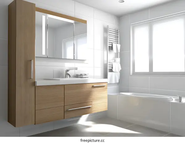 Modern Bathroom Design with White Tiles and Wooden Cabinet
