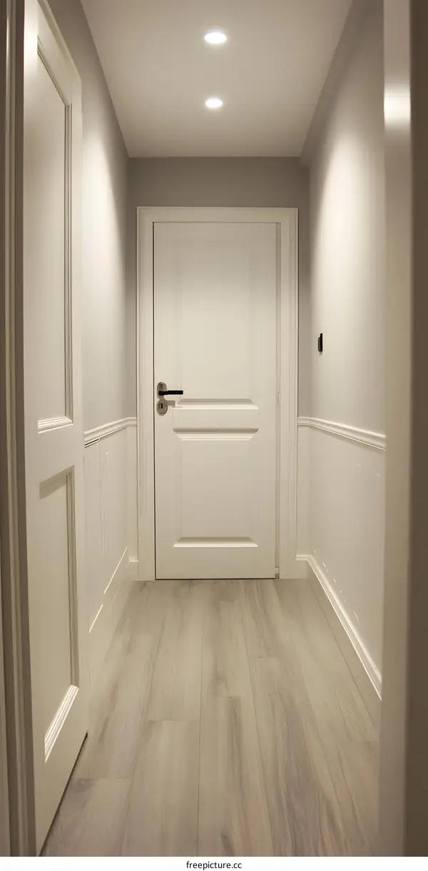 White Doors and Wooden Floor in a Narrow Hallway