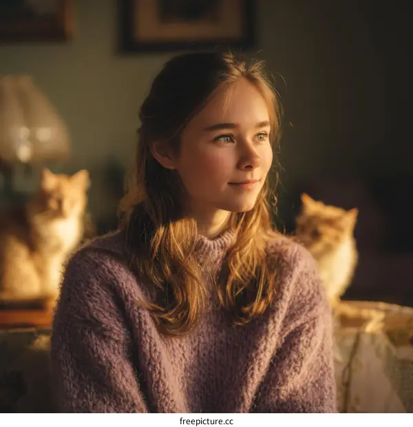 Girl with Cats in Cozy Home Interior