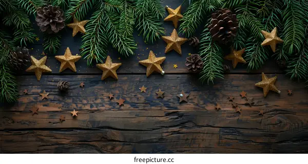 Christmas background with fir branches and golden stars