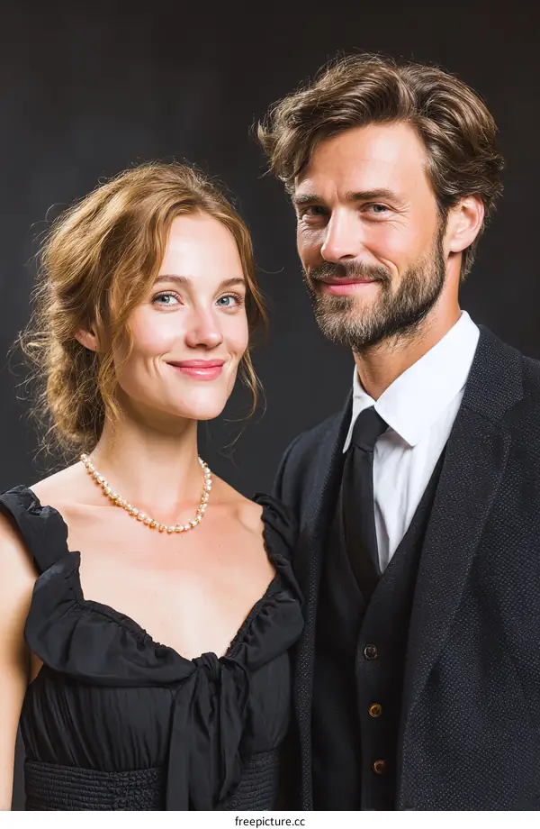 Elegant Couple in Formal Attire Against Dark Background