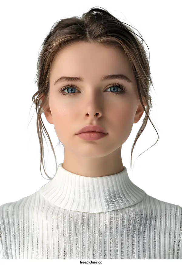 [Transparent Background PNG]Portrait of a Young Woman with Blue Eyes and White Sweater
