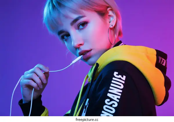 Young woman with short hair holding white cable in neon light