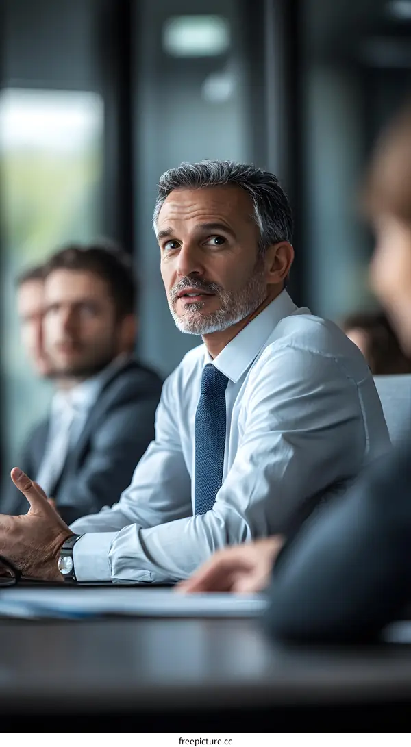 Businessman with Grey Hair in a Meeting Looking Up and Thinking