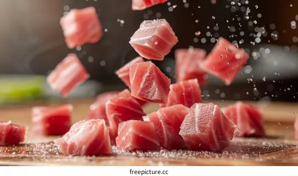 Fresh tuna sashimi pieces falling