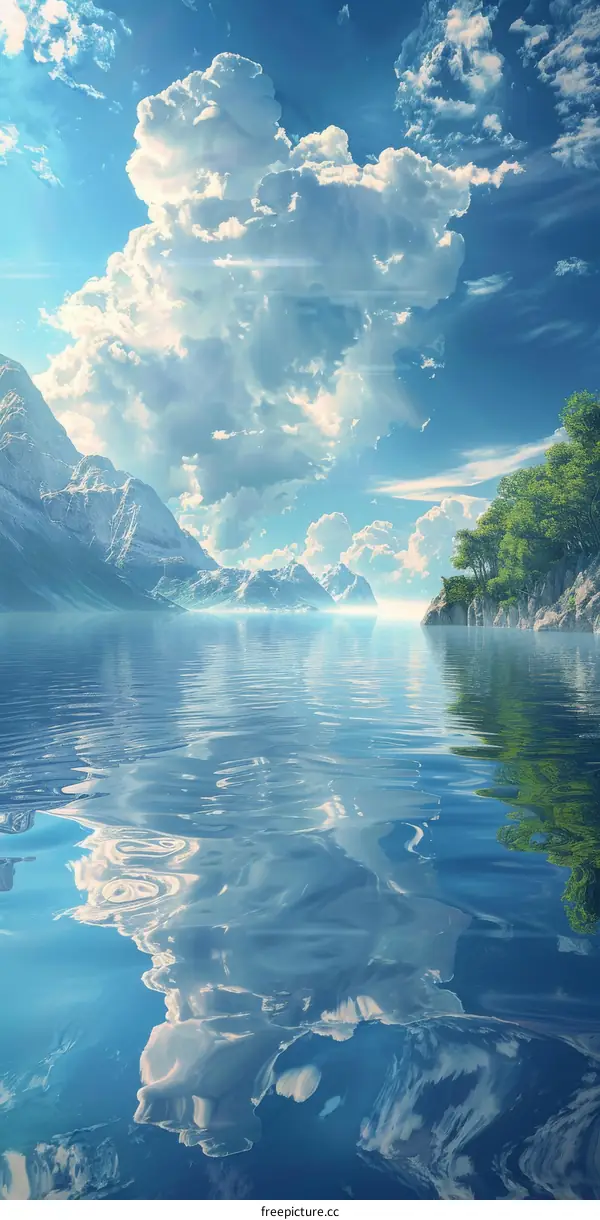 Serene Mountain Lake Scenery with Clouds Reflection