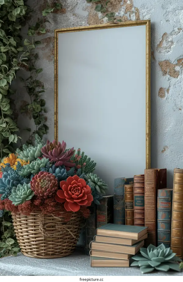 A beautiful still life of a basket of flowers and books