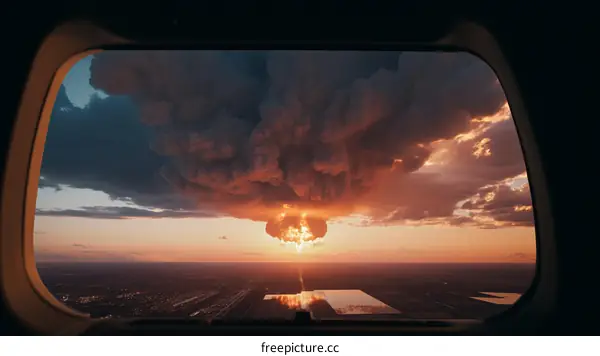 A mushroom cloud of smoke and fire from a nuclear explosion as seen from the window of an airplane