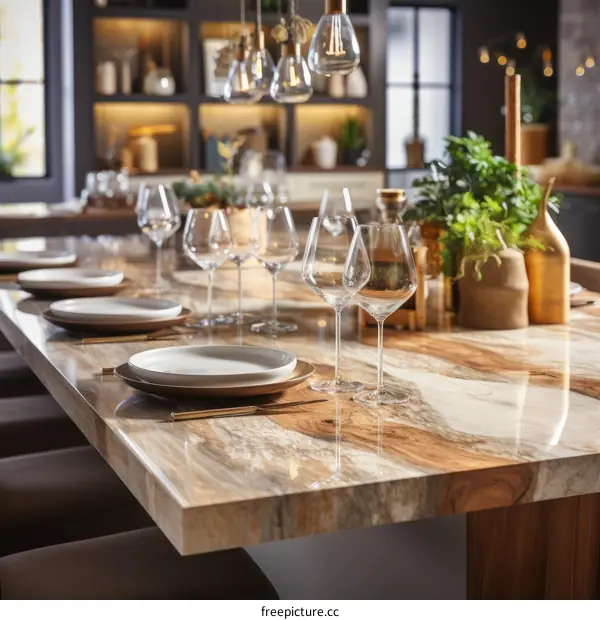 Modern kitchen island with marble top and glass pendant lights