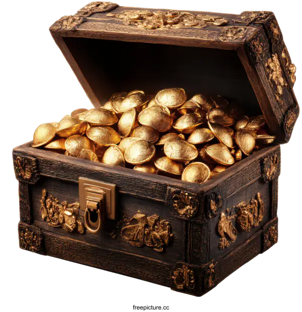 [Transparent Background PNG]Antique Wooden Treasure Chest Filled with Gold Coins