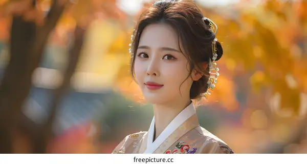 Portrait of a beautiful Korean woman in traditional Hanbok dress