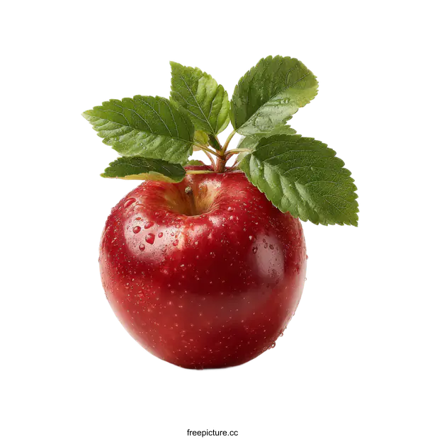 [Transparent Background PNG]Fresh Red Apple with Leaves Close Up