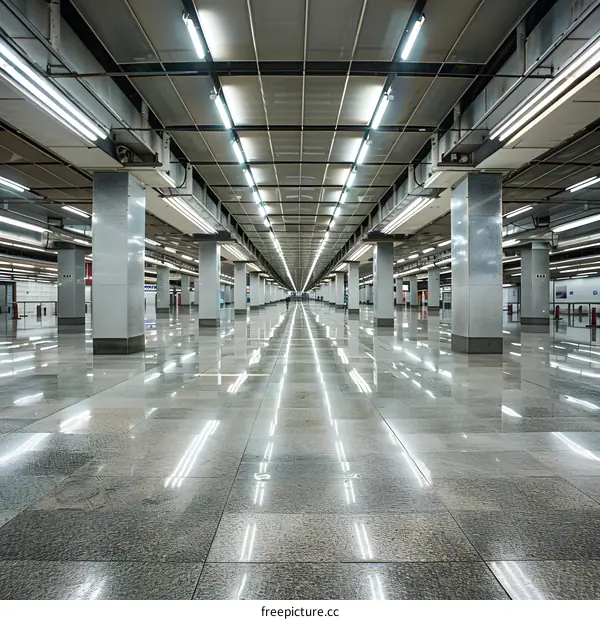 Empty Hallway With Fluorescent Lights and Gray Tiles