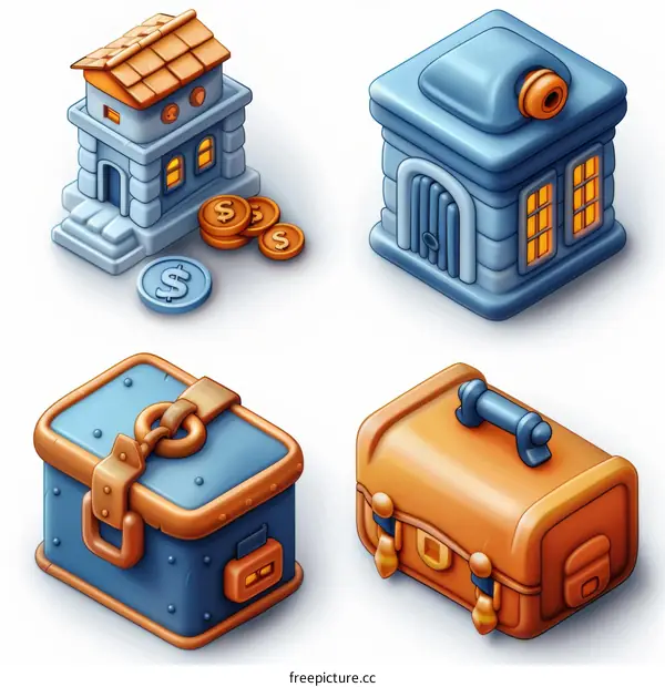 isometric pixel art of a bank and treasure chests