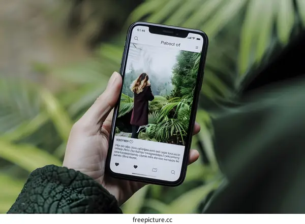Hand Holding Smartphone Showing Photo of Woman in Lush Jungle