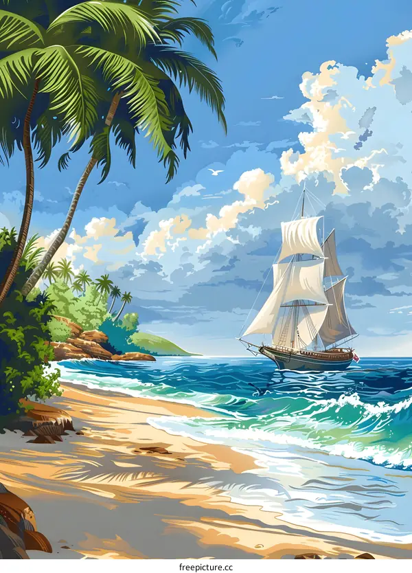 A beautiful beach with palm trees and a sailing ship