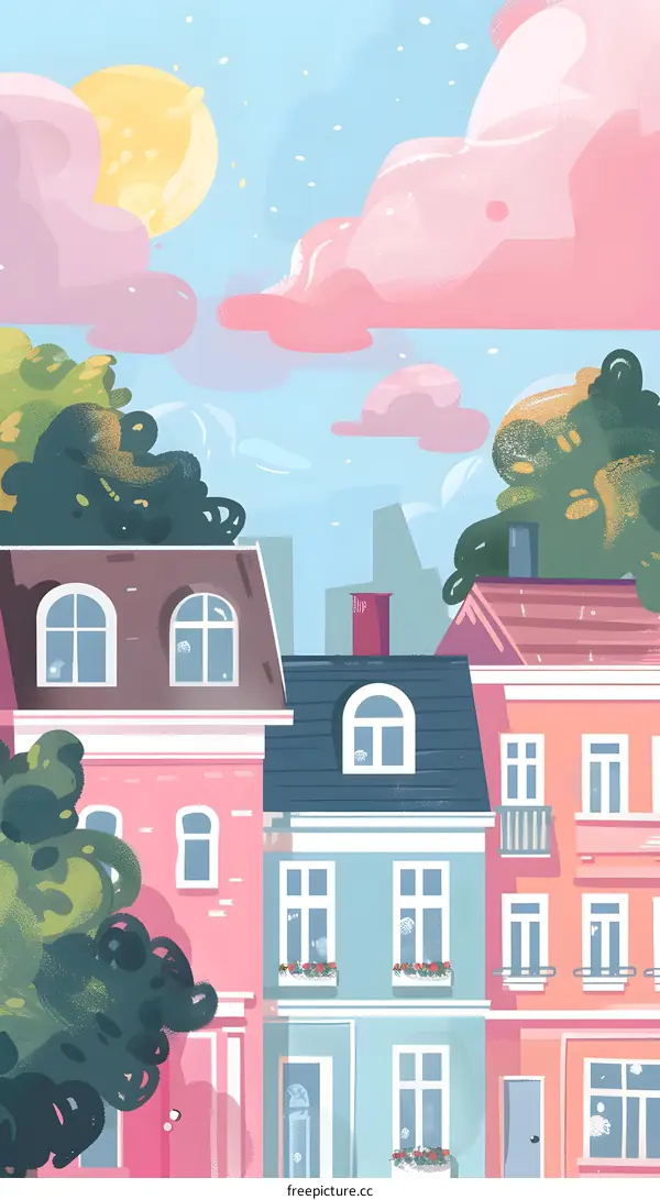 Cartoon Illustration of Pastel Colored Houses