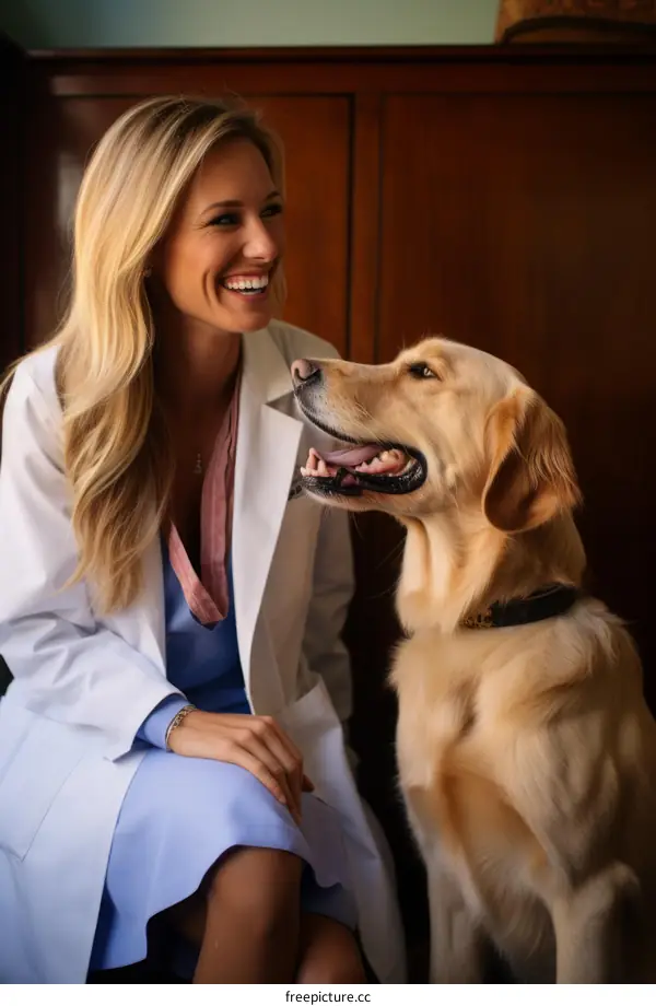 Blond woman in lab coat smiling at golden retriever