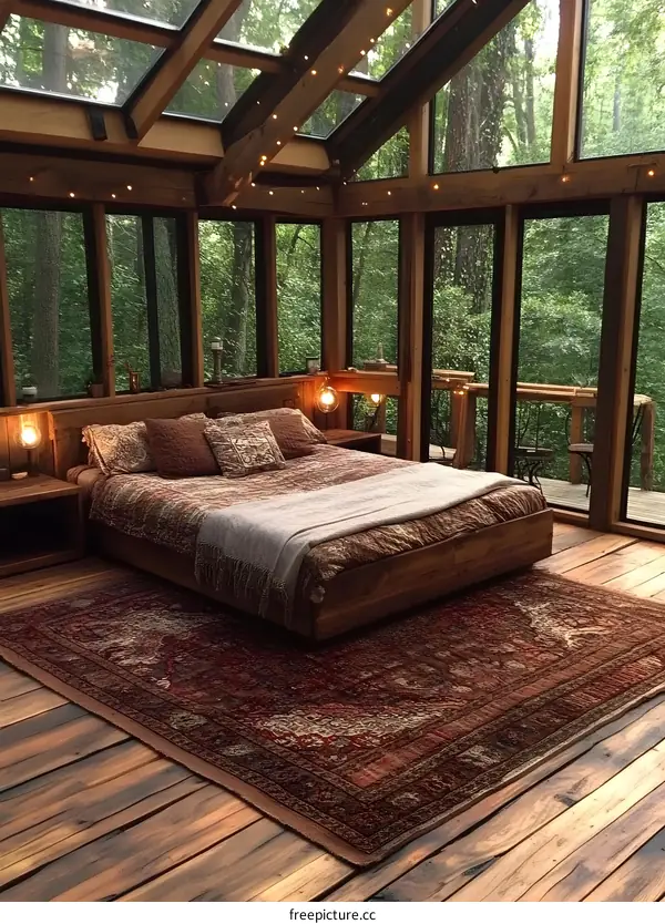 Rustic Bedroom with Skylight and Forest View