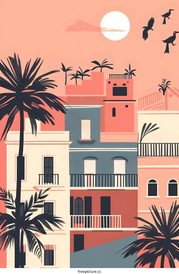 Palm Trees and Colorful Buildings in a Cityscape Illustration