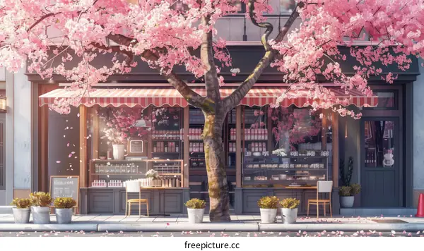 storefront of a Japanese bakery with a large cherry blossom tree in front of it