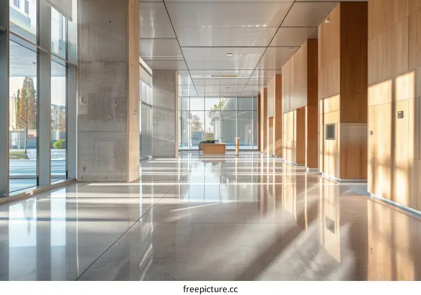 Office interior with large windows and wooden walls