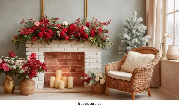 Christmas Fireplace Decor with Red Flowers and a Wicker Chair