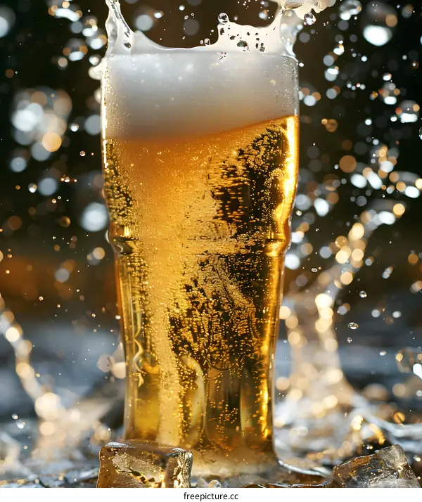 Cold Beer with Ice Cubes and Water Splashes