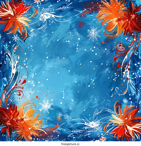 Hand-painted Christmas and New Year greeting card with flowers and snowflakes