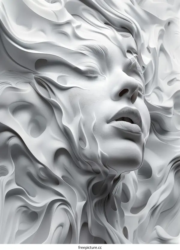 An abstract 3D rendering of a woman's face with white and gray colors