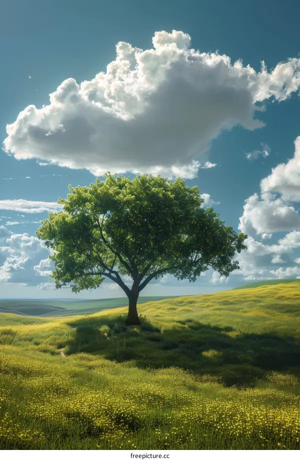 Scenic Landscape with a Lone Tree and Cloudy Sky