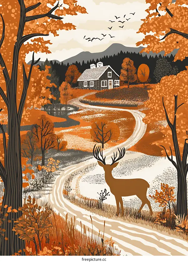 Autumn Forest Cabin With Deer Illustration
